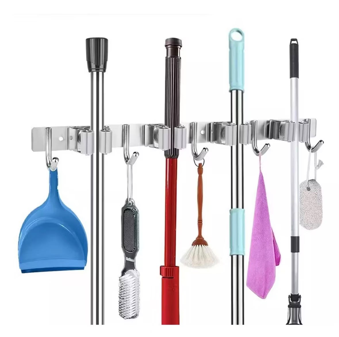 Organizador de pared de acero inoxidable – 7 ganchos para escobas, secadores, trapeadores y utensilios de limpieza.