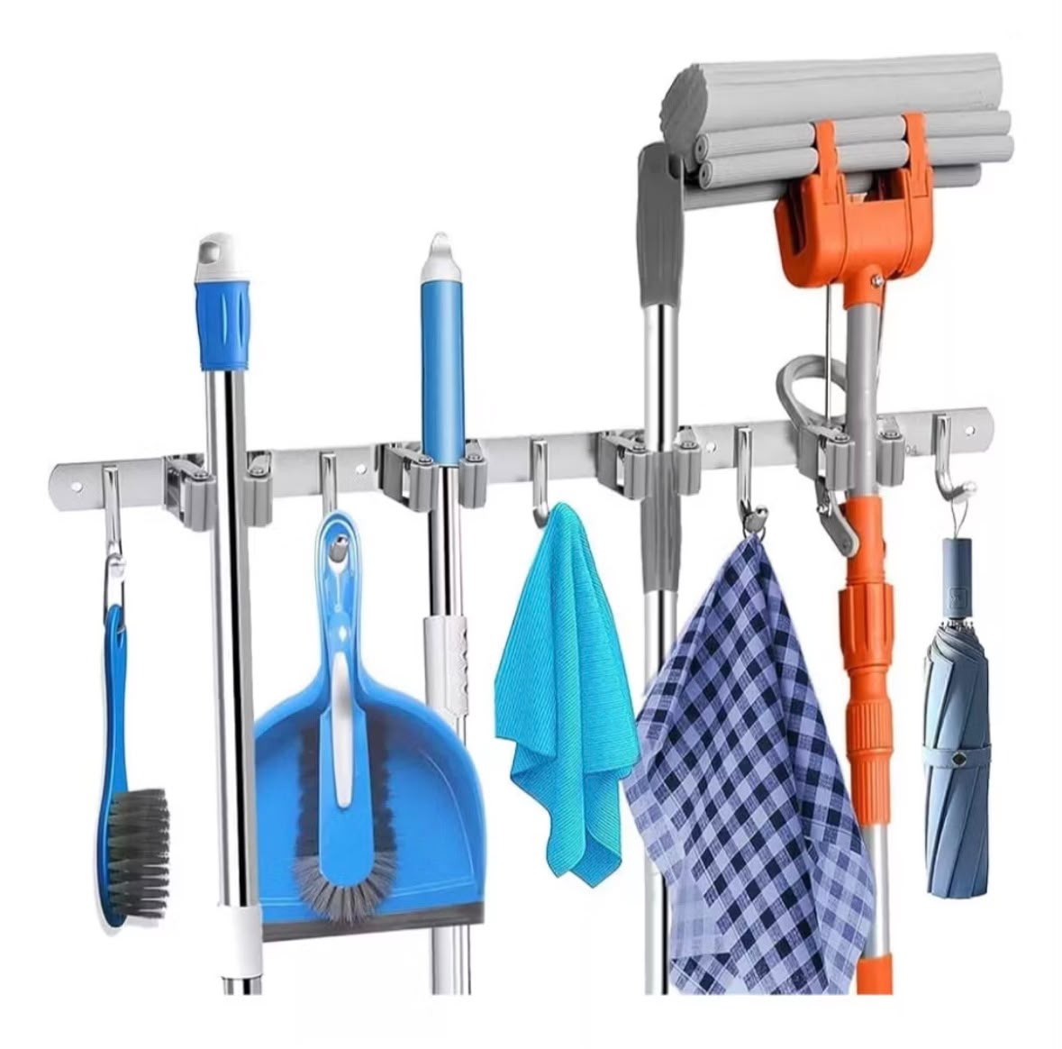 Organizador de pared de acero inoxidable – 7 ganchos para escobas, secadores, trapeadores y utensilios de limpieza.
