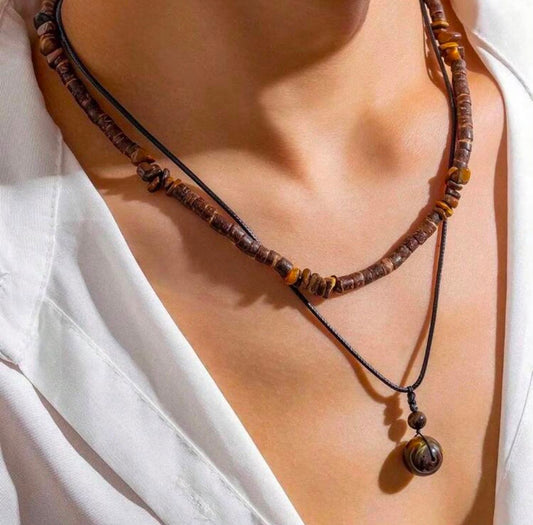 2 piezas de collar con colgante de piedra natural, collar masculino vintage con cuentas de madera y cordón encerado.