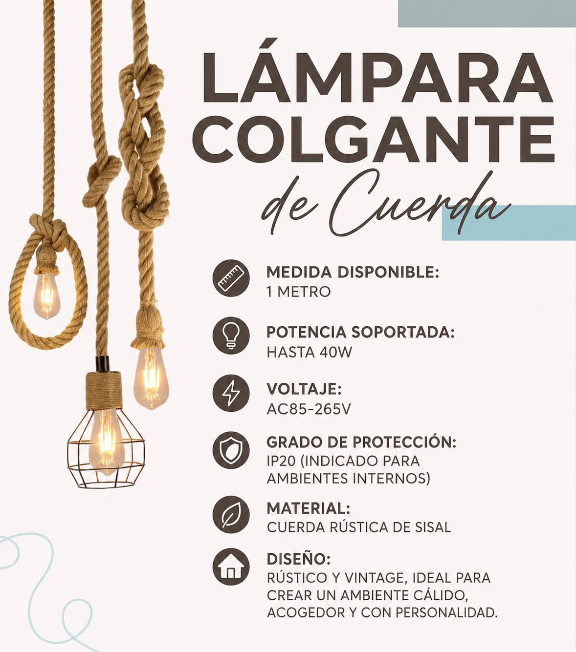 Colgante decorativo  de cuerda de sisal Vintage rústico de 1 metro ( no incluye foco )