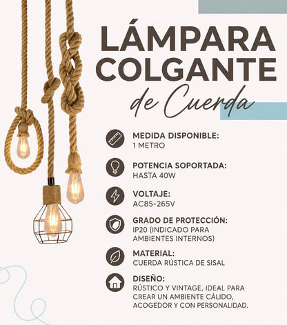 Colgante decorativo  de cuerda de sisal Vintage rústico de 1 metro ( no incluye foco )