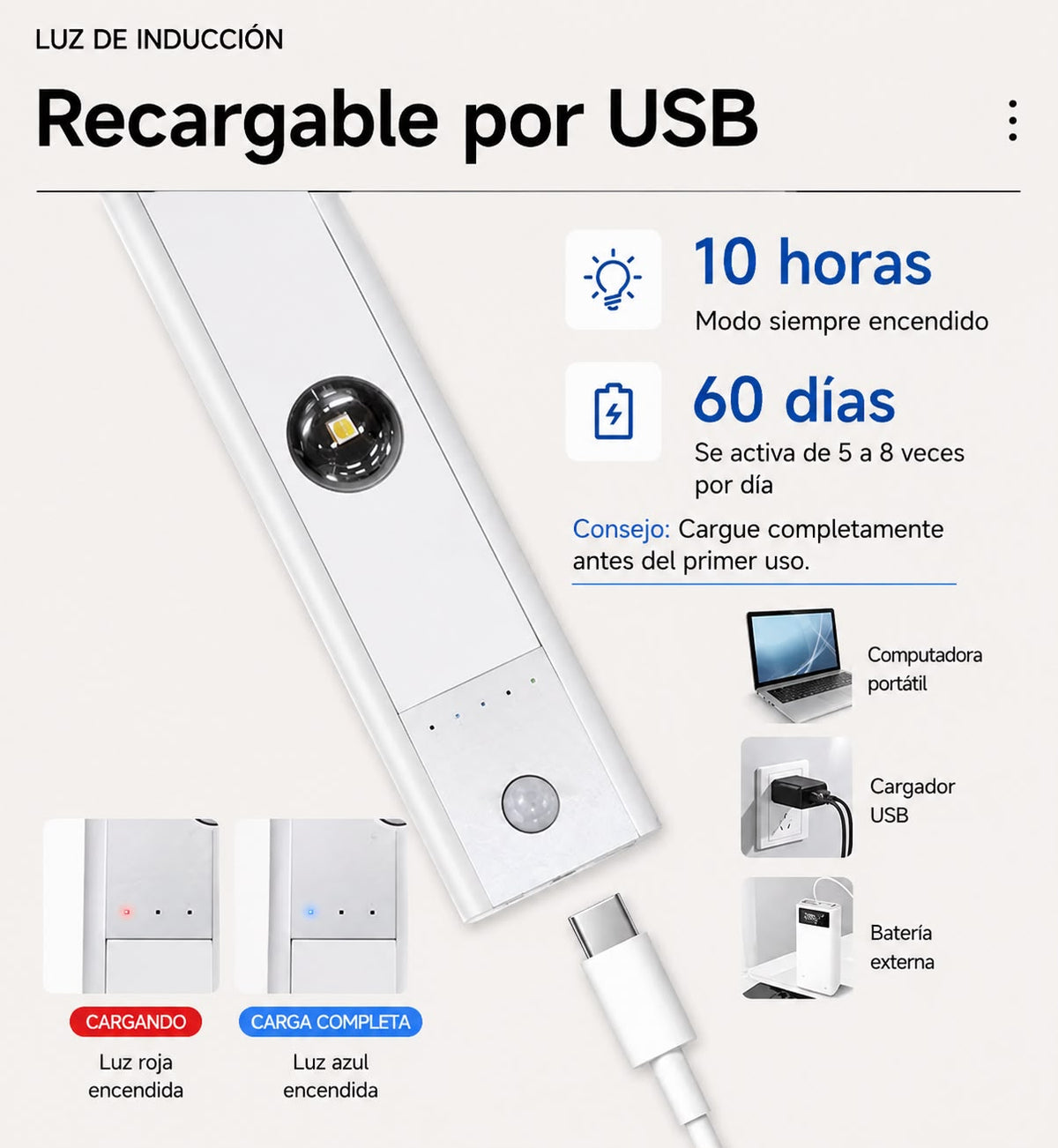 Luminaria Barra Led 60 con Sensor Movimiento Recargable USB